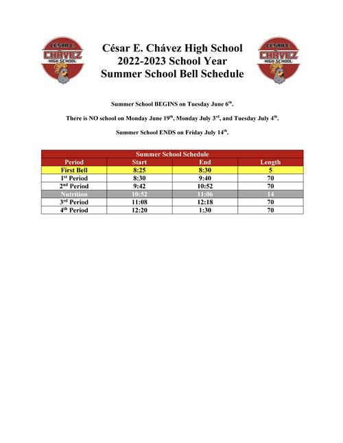 Sumer School Bell Schedule